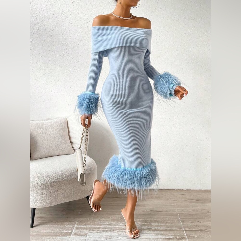 Off-the-shoulder bodycon midi dress, long sleeves, ribbed velvet-like material.